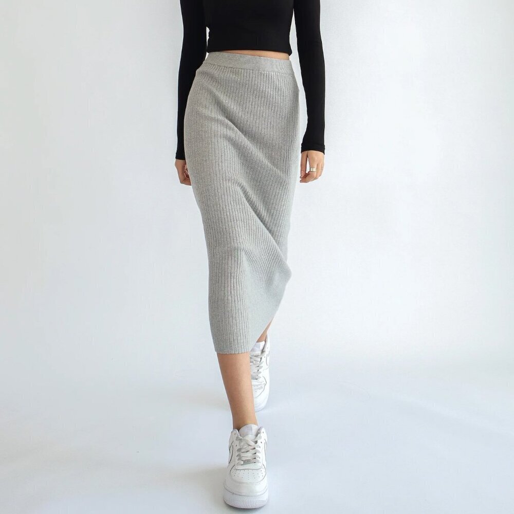 Shop 437 Ribbed Knit Grey Midi Skirt Sz S